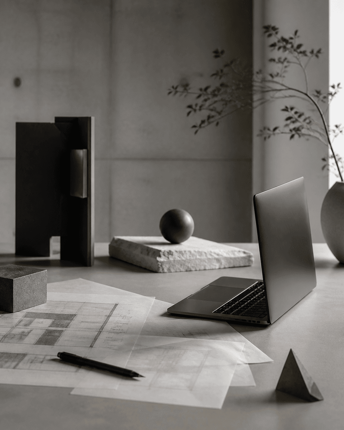 A considered workspace combining architectural sketches, geometric forms, and a laptop.